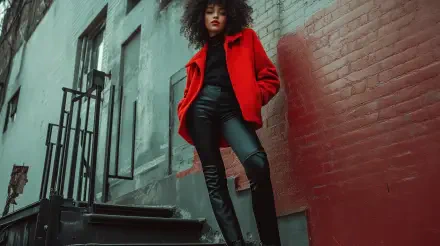 A woman in a trendy outfit featuring a bold red jacket and sleek black pants poses confidently on outdoor steps, set against a colorful urban backdrop. 4K Ultra HD quality.
