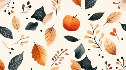A vibrant holiday pattern featuring orange leaves, berries, and an orange fruit against a soft background, designed as a 4K Ultra HD desktop wallpaper.