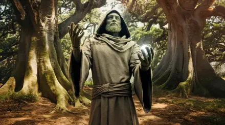 A serene technomancer stands in an enchanting forest, raising his hands as if conjuring energy, with lush trees surrounding him. This captivating scene serves as a stunning 4K Ultra HD desktop wallpaper.