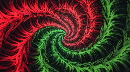 A vibrant, trippy pattern featuring swirling red and green designs on a dark background, presented as a stunning 4K Ultra HD PC desktop wallpaper and background.