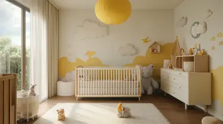 A charming nursery featuring a crib, soft toys, and cheerful yellow accents. The room is bright and inviting, with a sunny atmosphere captured in this 4K Ultra HD desktop wallpaper.