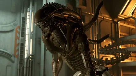A striking HD wallpaper featuring a menacing alien creature from the video game Alien: Rogue Incursion, set against a futuristic, industrial backdrop.