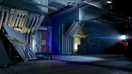 A high-definition desktop wallpaper from the video game Alien: Rogue Incursion, featuring a dimly lit, futuristic interior with dramatic lighting and a mysterious atmosphere.