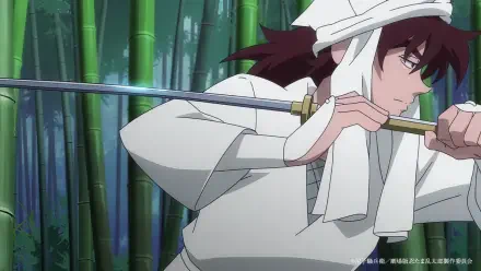 An anime scene from Gekijouban Nintama Rantarou: Dokutake Ninja Tai Saikyou no Gunshi, featuring a character in traditional attire poised with a sword in a bamboo forest setting.