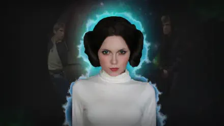 Cosplay of Princess Leia Organa highlighted against a vibrant blue aura, showcasing her iconic hairstyle and outfit, set in a dynamic Star Wars-themed HD wallpaper.