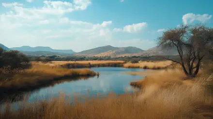 A serene landscape featuring a tranquil lake surrounded by golden grasses and distant mountains under a clear blue sky, perfect for a safari-themed HD desktop wallpaper.