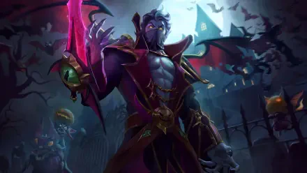 A striking 8K Ultra HD wallpaper featuring Kassadin from League of Legends, depicted as a vampire with a glowing sword, surrounded by bats and a dark, atmospheric backdrop.