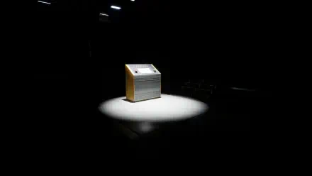 A striking 4K Ultra HD wallpaper from the video game The Cabin Factory, featuring a solitary object illuminated in a dark environment, creating a mysterious atmosphere.