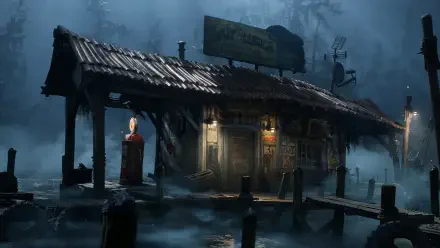 A moody, atmospheric scene from the video game South of Midnight showcases a rustic shack surrounded by a misty swamp, illuminated by dim lights and a vintage gas pump.