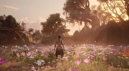 A character stands in a vibrant landscape filled with colorful flowers, bathed in warm sunlight, from the video game South of Midnight, featuring stunning 4K Ultra HD detail.