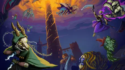 A vivid HD wallpaper featuring characters from Slay the Spire 2, set against a dramatic backdrop of a towering structure and dynamic creatures in an epic fantasy scene.