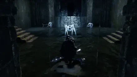 Dark and atmospheric scene from the video game Hell is Us, featuring a character confronting ominous creatures in a shadowy, flooded environment. HD wallpaper for PC desktop.