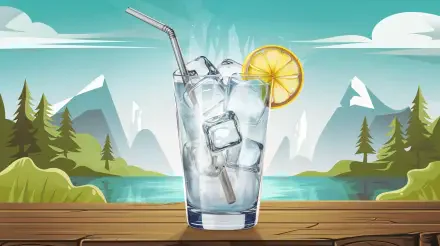 A refreshing cold drink with ice and a lemon slice stands against a scenic backdrop of mountains and a calm lake, showcased as a 4K Ultra HD desktop wallpaper.