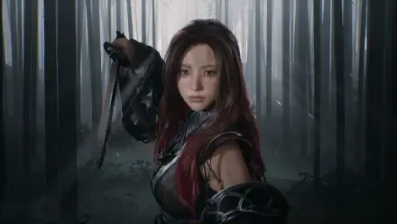 A character from Phantom Blade Zero stands poised with a sword, set against a misty forest backdrop, showcasing stunning 4K Ultra HD detail for an immersive gaming atmosphere.