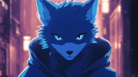 A striking HD anime wallpaper featuring an anthropomorphic blue wolf with captivating piercing eyes, set against a moody urban background. Perfect for fans of furry art.