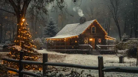 A cozy rustic cabin adorned with holiday lights stands amidst gently falling snow, surrounded by evergreen trees, creating a serene winter scene. 4K Ultra HD desktop wallpaper.