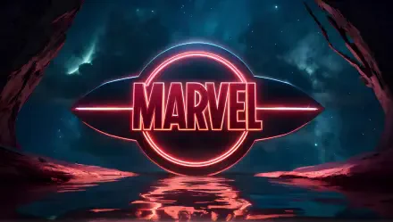 A glowing red Marvel logo floats in a cosmic space scene with stars and nebulae, featured as a 4K Ultra HD PC desktop wallpaper and background.