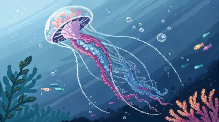 A vibrant jellyfish glides gracefully through an underwater scene, surrounded by bubbles and colorful fish, creating a stunning 4K Ultra HD desktop wallpaper.