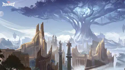 A stunning HD desktop wallpaper featuring a mystical landscape from the video game Marvel Rivals, showcasing grand structures beneath a massive, luminous tree.