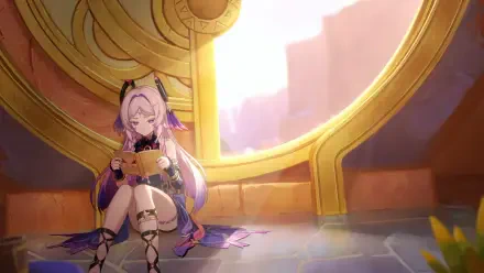 HD PC desktop wallpaper featuring Citlali from Genshin Impact, depicted as a girl reading inside a warmly lit, circular windowed room.