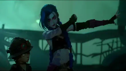 A striking 4K Ultra HD wallpaper featuring Jinx and Isha from the animated series Arcane Season 2, set against a moody, atmospheric background.