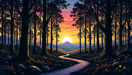 A serene landscape at sunset, featuring a winding path through trees with vibrant colors in the sky. This image is a stunning 4K Ultra HD desktop wallpaper and background.