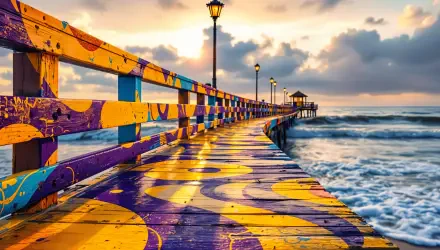A vibrant, colorful pier stretches into the ocean, illuminated by lamps against a backdrop of clouds and a glowing sunset, captured in stunning 4K Ultra HD quality.