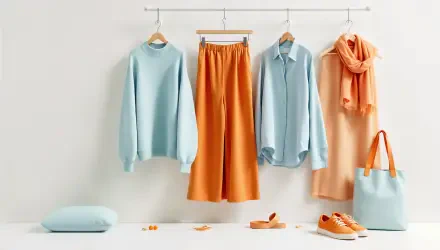 A stylish capsule wardrobe featuring soft blue and warm orange tones, including a sweater, shirt, pants, scarf, and accessories, set against a clean, minimal background.