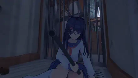 HD PC desktop wallpaper featuring a dark-haired anime girl sitting on the floor inside a dimly lit room with bars in the background, tagged MiSide.