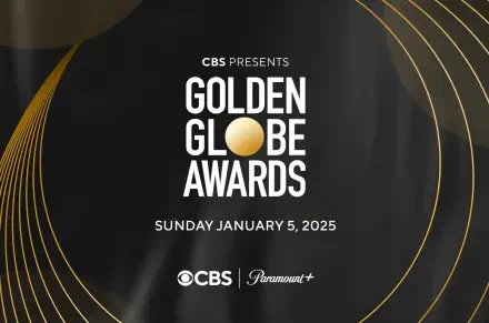 Gold and black themed desktop wallpaper featuring the Golden Globe Awards logo, highlighting the event date of January 5, 2025, presented by CBS and Paramount+.