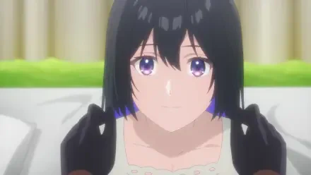 A serene anime character with black hair and purple eyes gazes gently at the viewer, set against a soft background, featured as HD desktop wallpaper for Unnamed Memory.