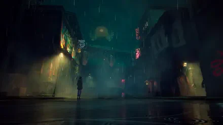 A moody, atmospheric scene from the video game Sleight of Hand, showcasing a rain-soaked street illuminated by neon lights, creating a captivating 4K Ultra HD background.