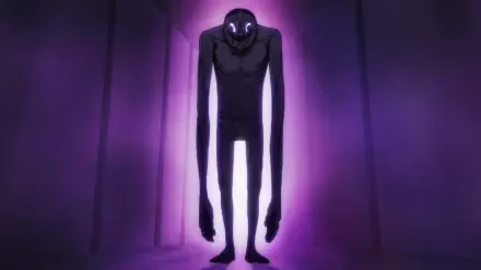 Dandadan 2K wallpaper: tall, lanky shadowy humanoid with glowing eyes framed by purple light; tags include Momo Ayase, Jin Enjouji, Seiko Ayase.