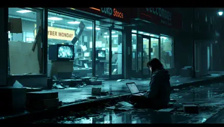 A person sits on a wet street with a laptop, surrounded by debris, as a dimly lit store window displays CYBER MONDAY, capturing a post-apocalyptic urban scene in 4K Ultra HD.