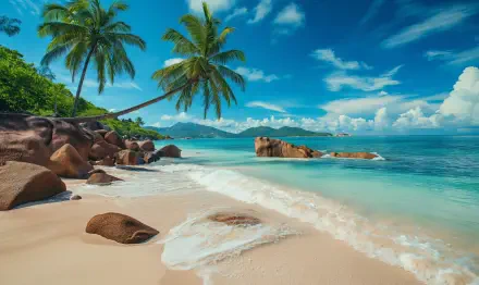 A 4K Ultra HD desktop wallpaper featuring a serene beach with palm trees, smooth rocks, and crystal-clear turquoise water under a vibrant blue sky.