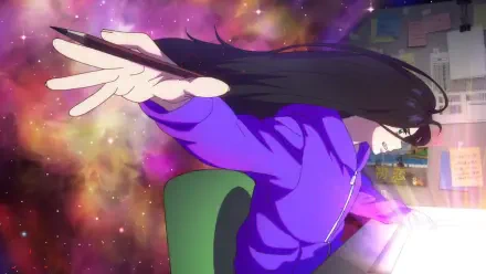 Anime-style HD PC desktop wallpaper featuring a dynamic illustration of a character with long dark hair in a purple hoodie, artwork by Zenshu and Natsuko Hirose.