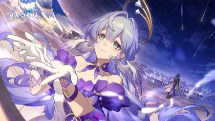 Robin (Honkai Star Rail) in a flowing purple gown reaching toward the viewer under a shooting-star night sky — 2K Quad HD PC desktop wallpaper/background.