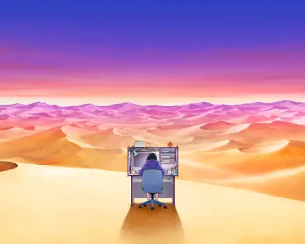 A 4K Ultra HD anime-style desktop wallpaper by Zenshu and Natsuko Hirose, depicting a lone figure working at a desk in the middle of a vast, colorful desert landscape.