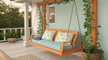 A cozy porch swing adorned with soft cushions hangs from a wooden frame, surrounded by lush greenery, offering a serene atmosphere in this 4K Ultra HD desktop wallpaper.