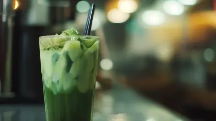 A refreshing matcha drink in a tall glass, featuring layers of green and creamy textures, set against a softly blurred cafe background. 4K Ultra HD wallpaper for desktop use.