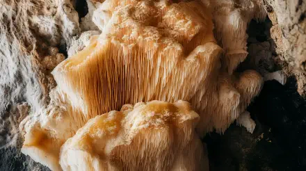 Close-up of a lion's mane mushroom displaying its unique, flowing texture and pale color, set against a softly blurred background. This 4K Ultra HD image serves as a striking PC desktop wallpaper.
