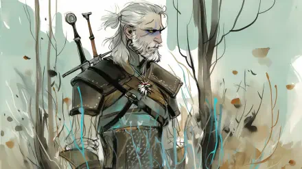 Artwork of Geralt of Rivia from The Witcher, showcasing the character standing in a forest with a somber expression, rendered in an HD style suitable for a PC desktop wallpaper.