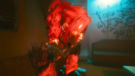 A vibrant 4K Ultra HD wallpaper featuring Lizzy Wizzy from Cyberpunk 2077, showcasing her striking red hair and futuristic aesthetic against a neon backdrop.