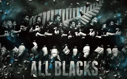 A striking HD wallpaper featuring the All Blacks rugby team in an intense action montage, with dynamic imagery and a bold fern emblem accentuating the team's spirit.