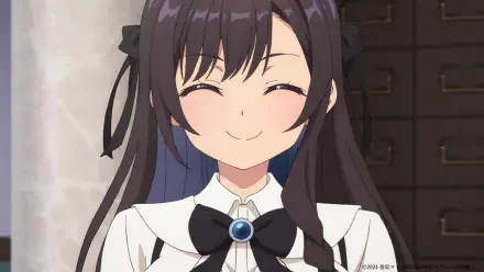 A cheerful anime character smiles warmly, showcasing elegance in her outfit, set against a decorative background. Featured in I May Be a Guild Receptionist But I'll Solo Any Boss to Clock Out on Time.