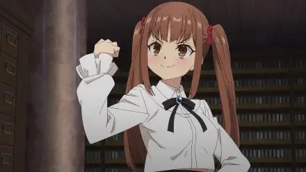 Anime wallpaper from I May Be a Guild Receptionist But I'll Solo Any Boss to Clock Out on Time featuring a confident girl with brown twin tails in a white blouse.