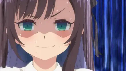 Close-up of a determined anime character with green eyes and sweat on her brow, embodying the spirit of I May Be a Guild Receptionist But I'll Solo Any Boss to Clock Out on Time. HD wallpaper.