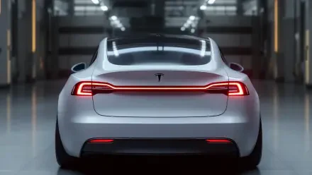 A sleek Tesla Model Y in Juniper color, showcased in a modern, industrial setting. This HD wallpaper highlights the car's elegant lines and iconic rear lights.