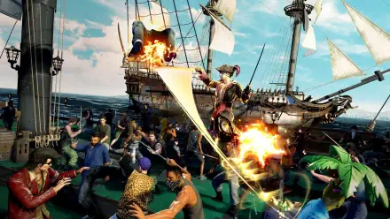 A dynamic scene from Like a Dragon: Pirate Yakuza in Hawaii, depicting an action-packed moment on a ship with characters engaged in a dramatic confrontation against a vibrant ocean backdrop.