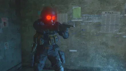 A character from Resident Evil Re:Verse stands in a dimly lit environment, brandishing a weapon, with glowing red eyes and tactical gear, capturing the intense atmosphere of the game.